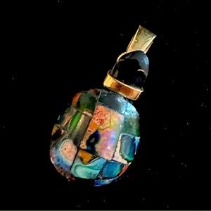 Black onyx turtle pendant with inlaid Mexican opal shell and 14 kt collar